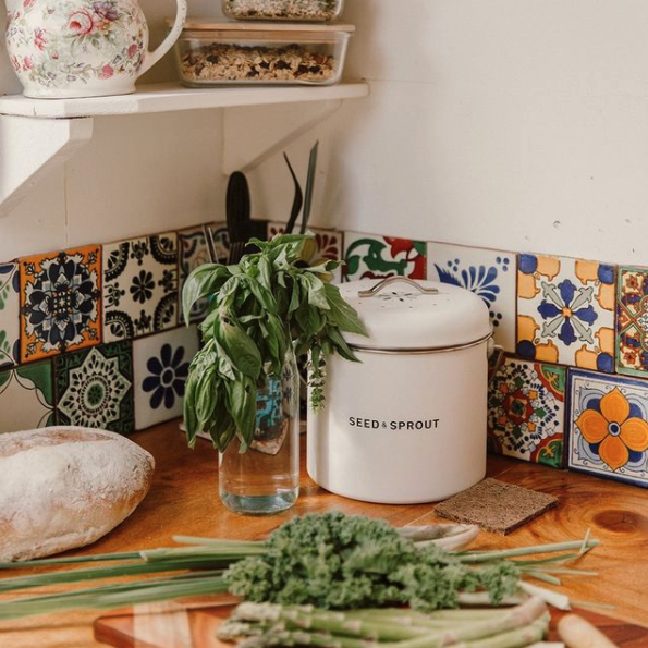 Indoor composting bin on kitchen bench