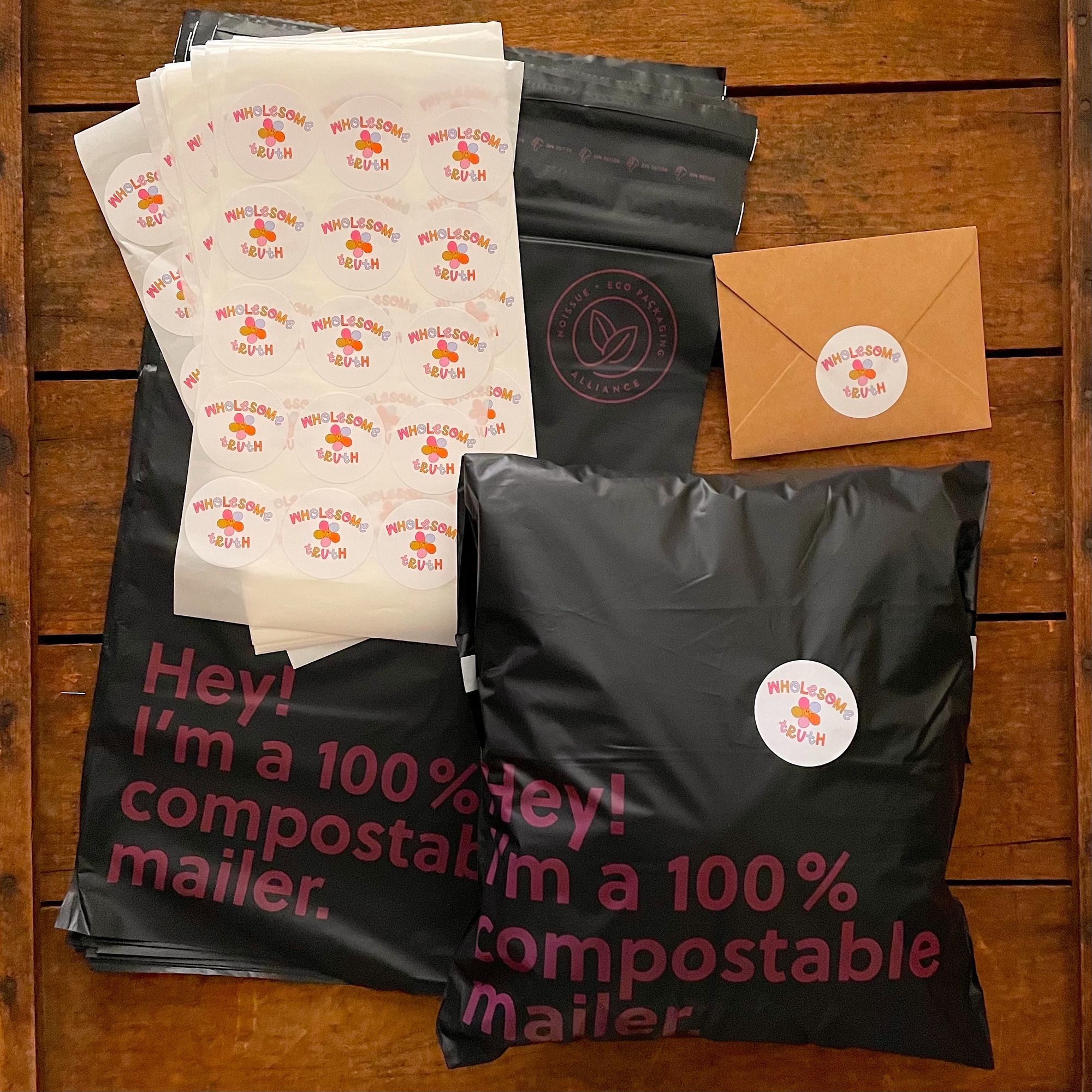 noissue Stickers and Compostable Mailers by @wholesome.truth