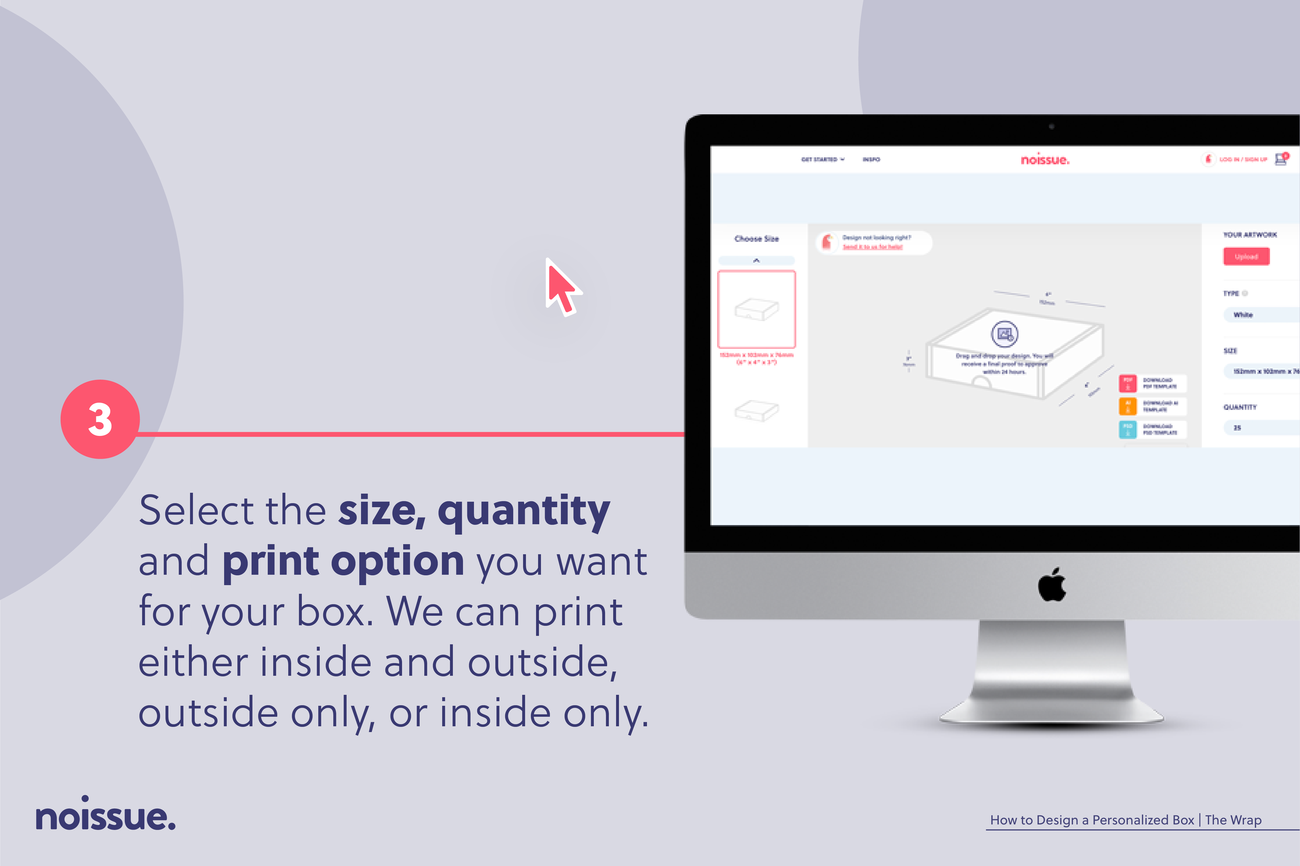 Size and quantity options for creating a custom box